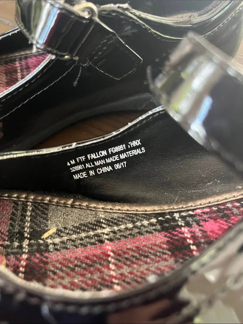 French Toast Black Patent Mary Janes with Plaid Insole